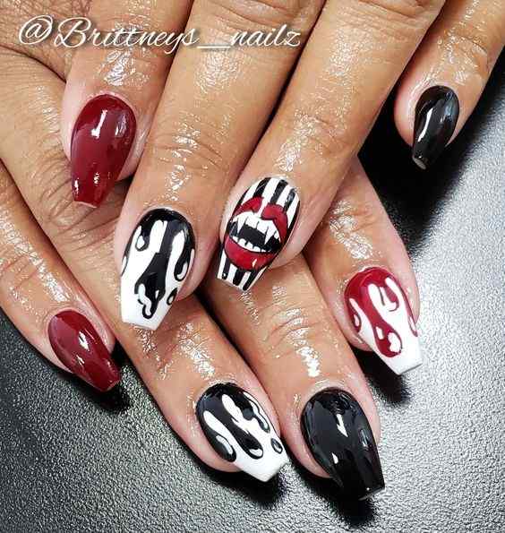 black with white and maroon halloween vampire inspired nails art designs