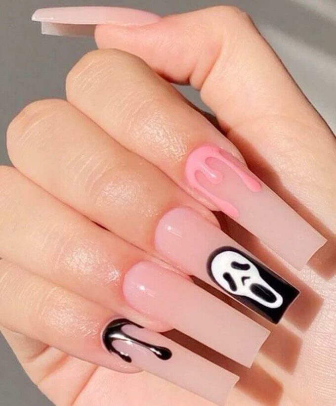 long acrylic coffin pink with black halloween nail art designs