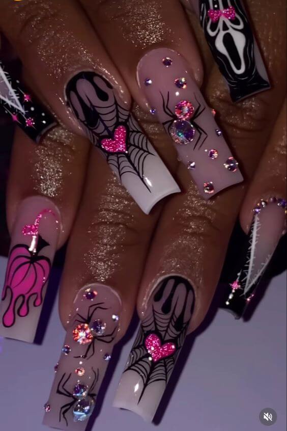 long acrylic coffin black and pink halloween stickers nails art designs