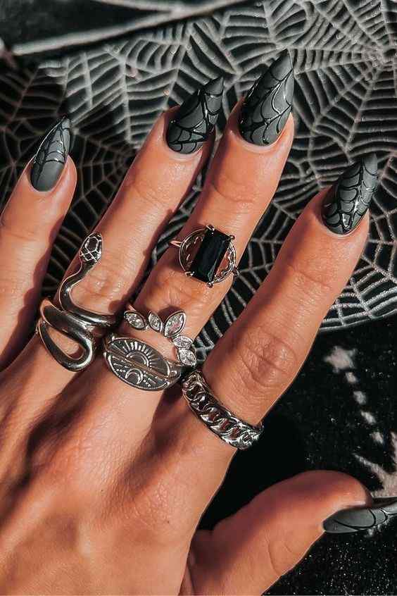 matte black spider web short acrylic nails designs for halloween