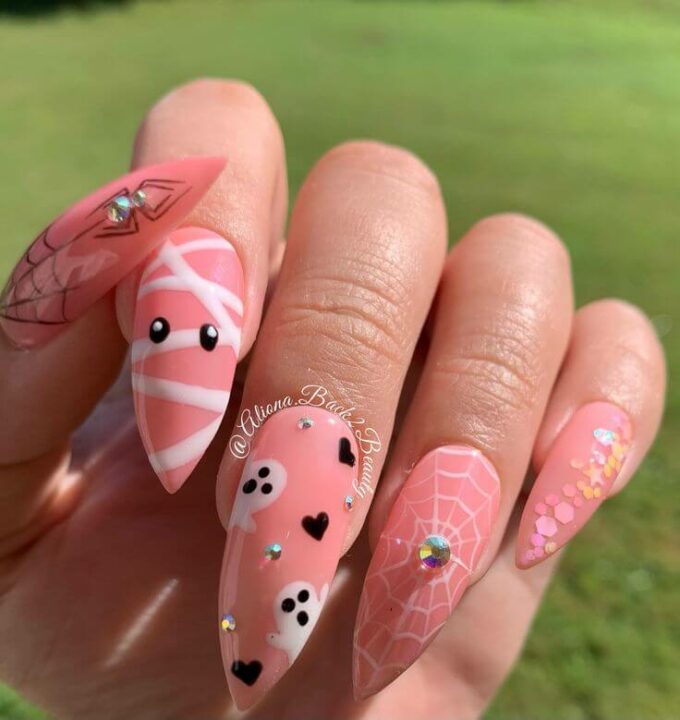 cute coffin pink with black halloween nail art designs