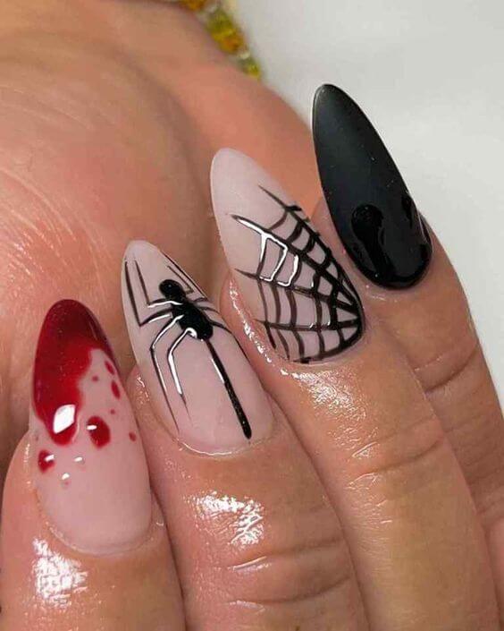 blood splatter and spider web short halloween coffin nail art designs