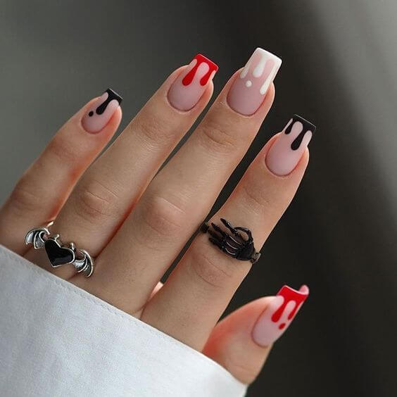 dripping white with red and black short halloween nail art designs