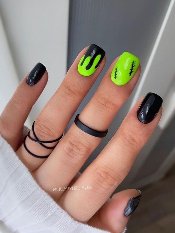 neon green and black short nail art designs for halloween