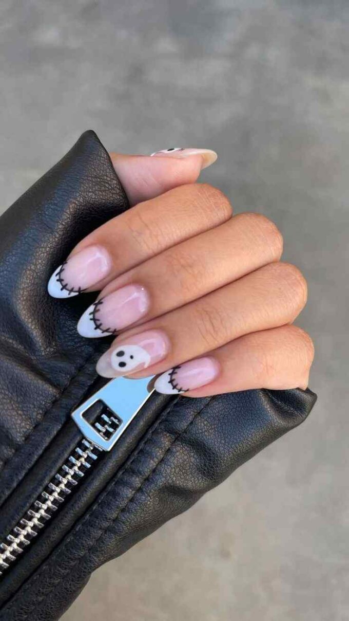 spooky nude with ghost and stitched short french tip halloween nail designs