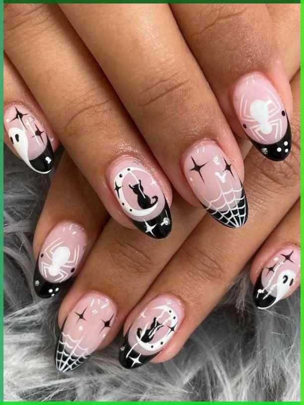 short french tip and nude with spooky nails designs for halloween