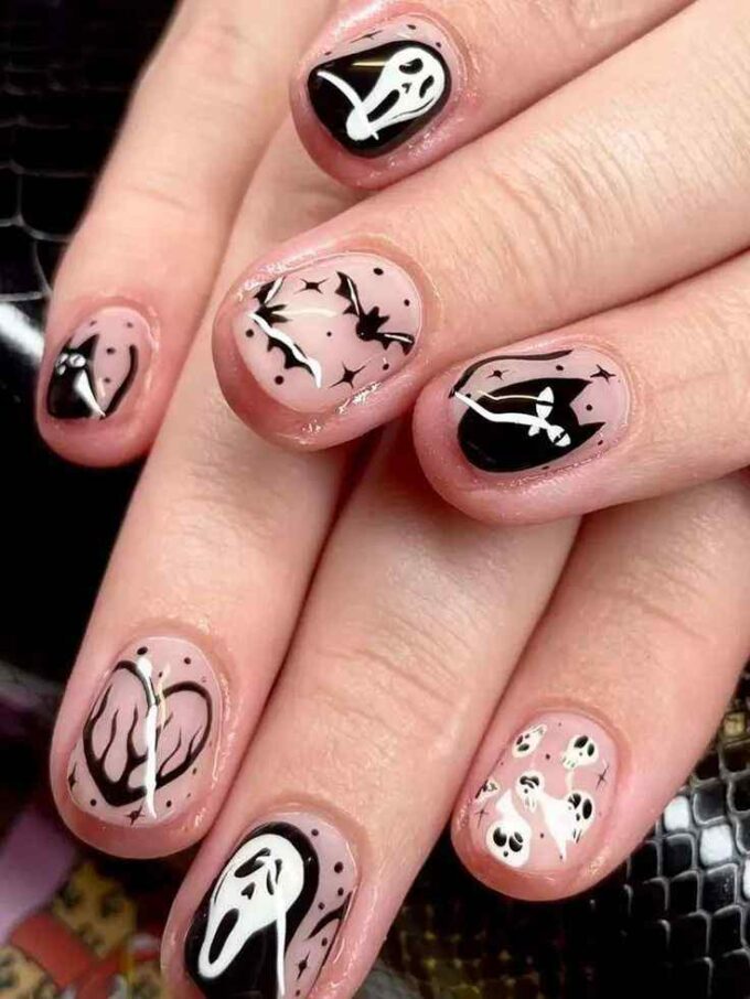spooky short halloween stickers nails designs