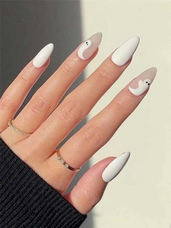 almond white with ghost nail designs for halloween