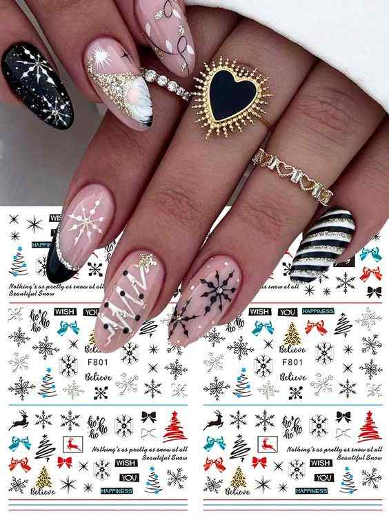 black and nude with glitter christmas tree nails designs