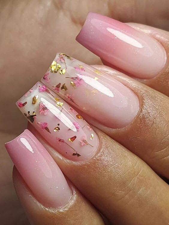 gold leaves and flowers nude with gradient rose gold and pink nails