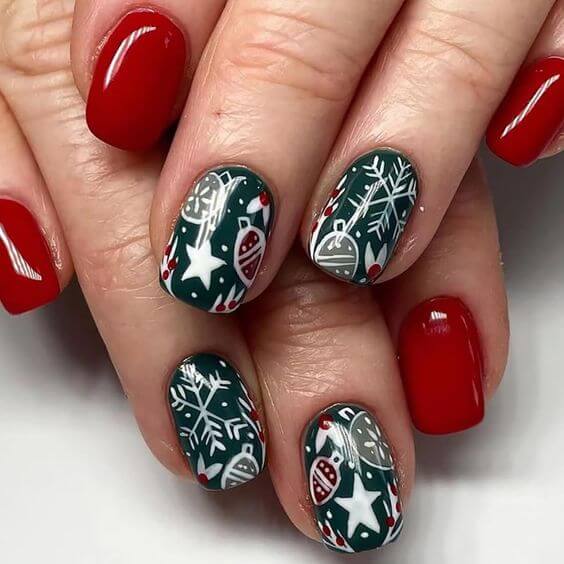 red and green with christmas tree ornaments nails designs