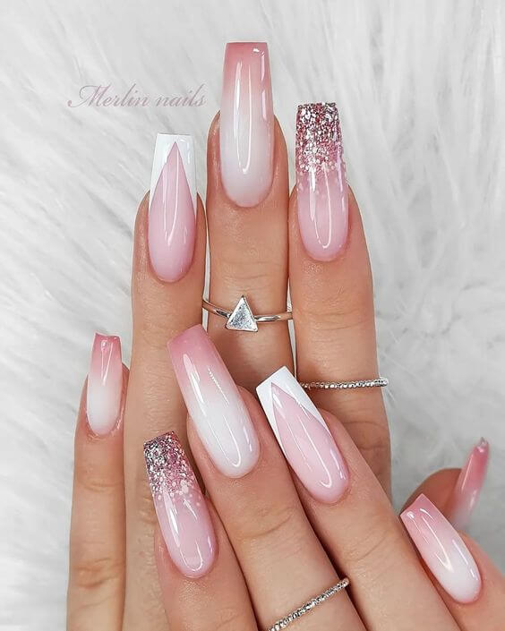 white tips with glitter on gradient rose gold and pink nails