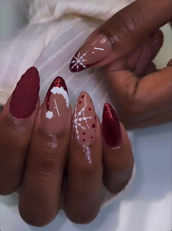 santa hat with snowflakes red and white christmas nails