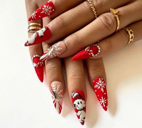 festive snoopy red and white christmas nails designs 