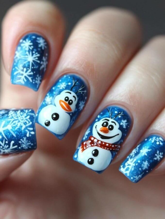 blue with white snowflakes and snowman christmas nail designs
