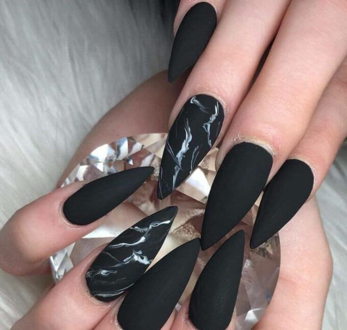 coffin black and silver marble christmas nail art