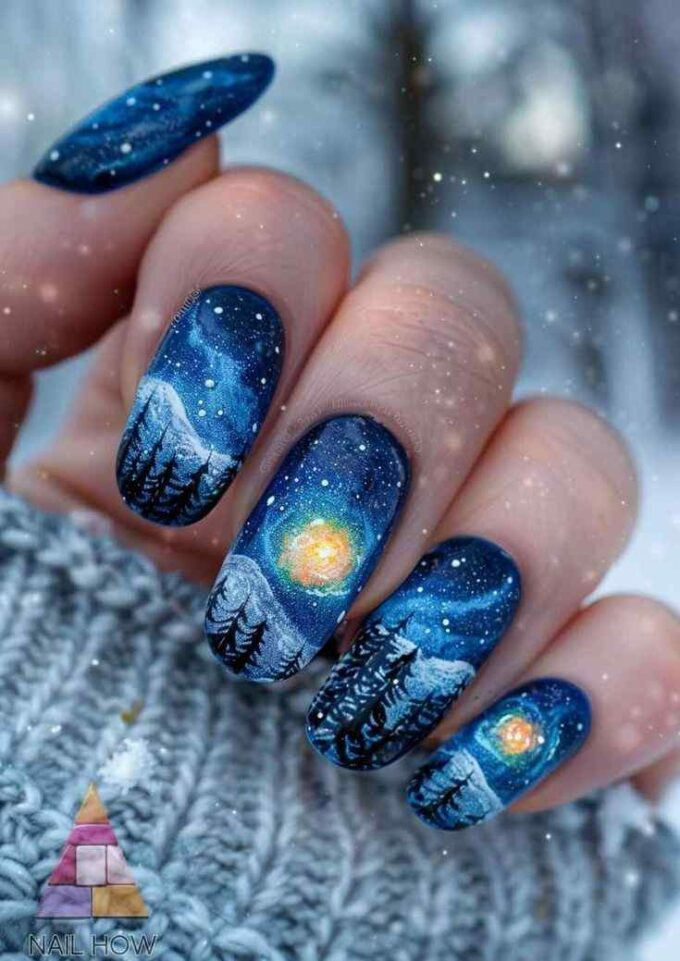 cosmic blue and white christmas nail designs