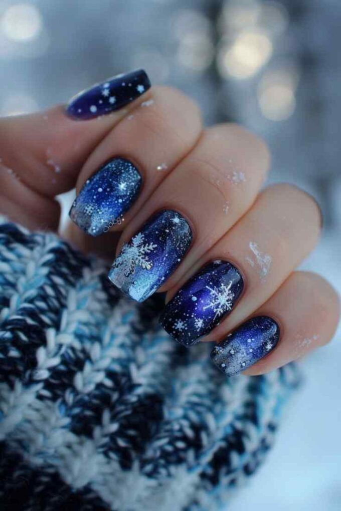 night blue with white snowflakes christmas nail designs