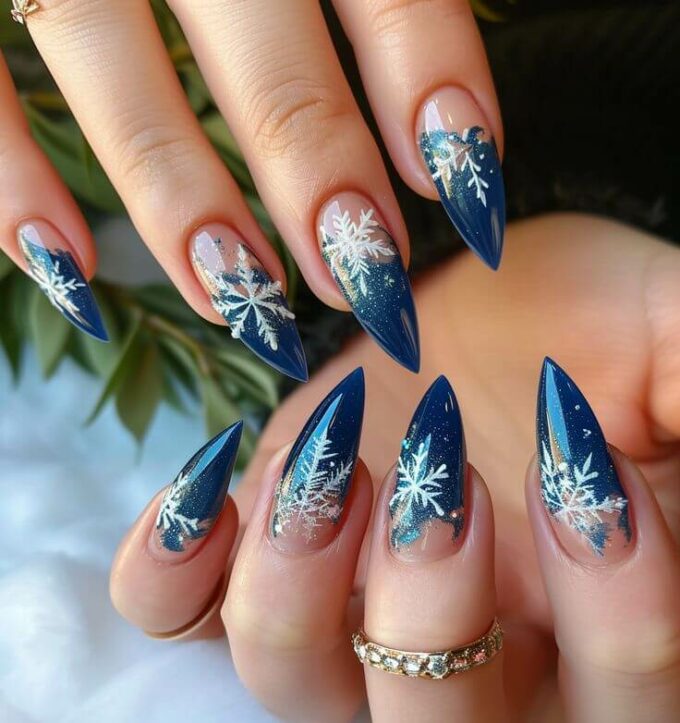 nude with glitter blue and white snowflakes christmas nails designs