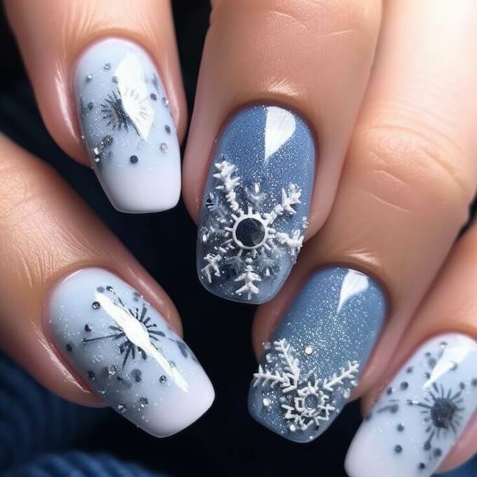 crystal blue and icy white christmas nail designs