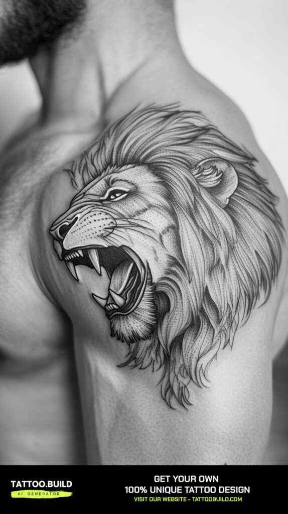 lion tattoo on upper arm for men