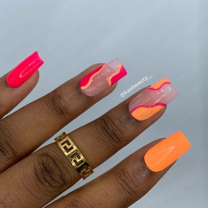 neon orange and pink nail designs for summer