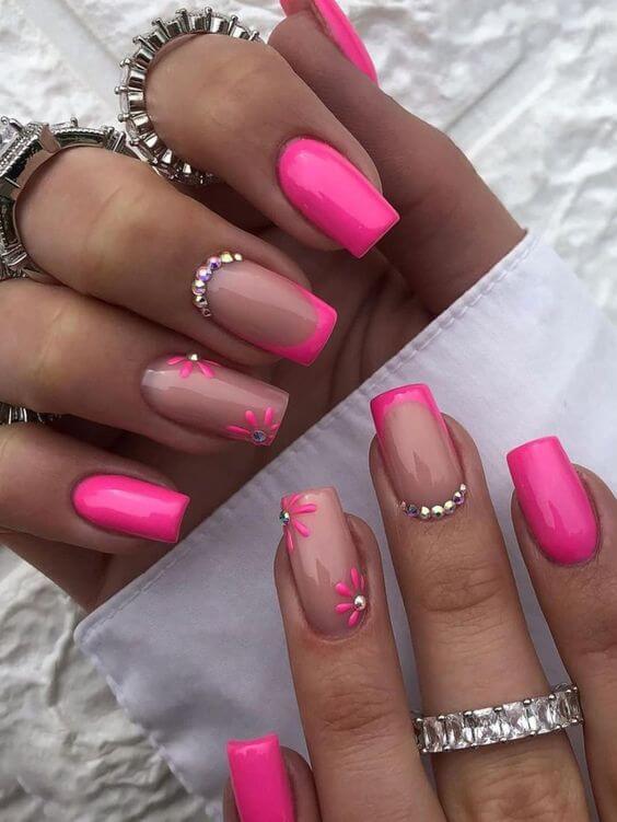 rhinestones with flower and neon pink nails designs for summer