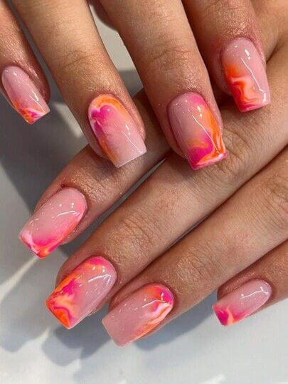 orange and pink marble nails art designs for summer