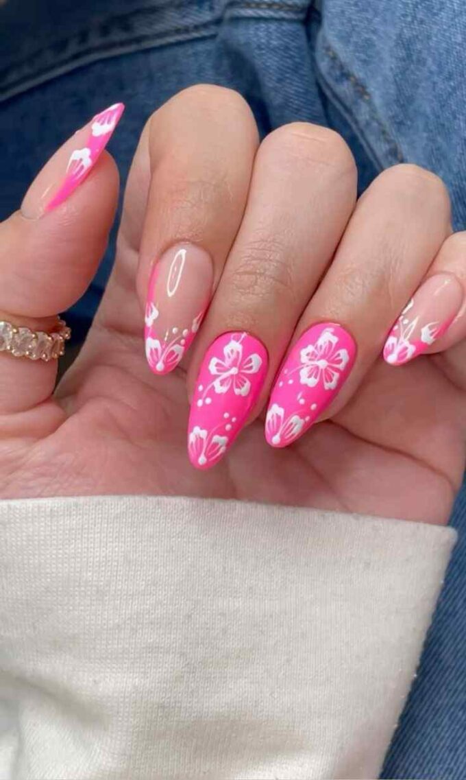pink with hibiscus flowers nail designs for summer