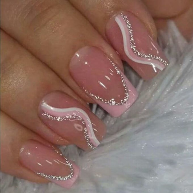 silver glitter with white and pink nail designs for summer