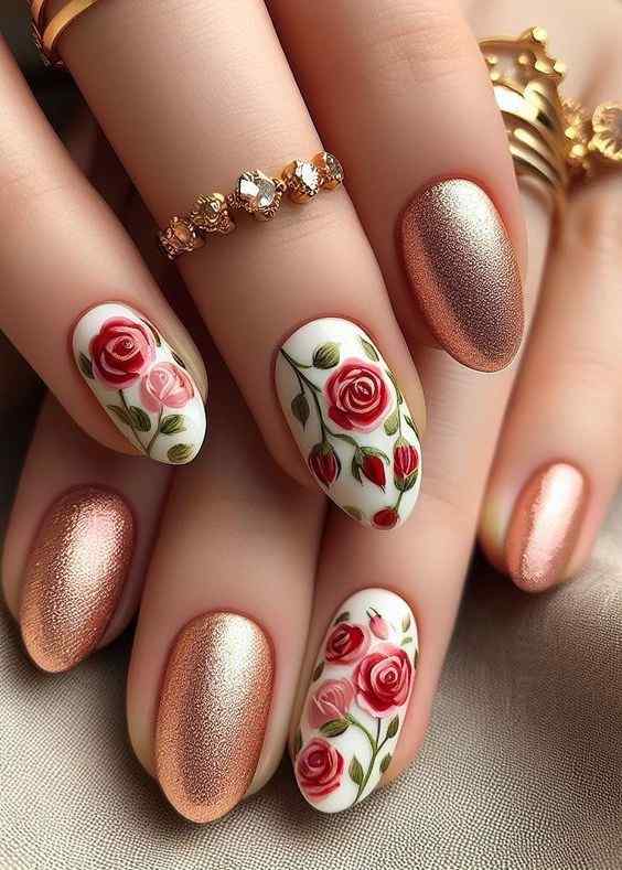 pink and red rose flowers nails designs