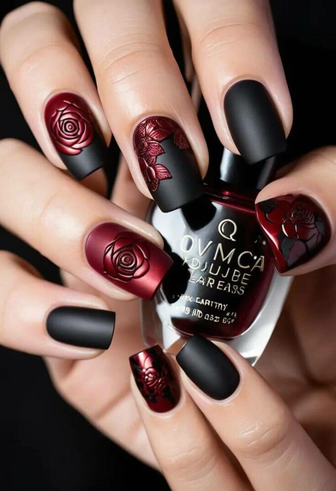 matte black and maroon with rose nails designs