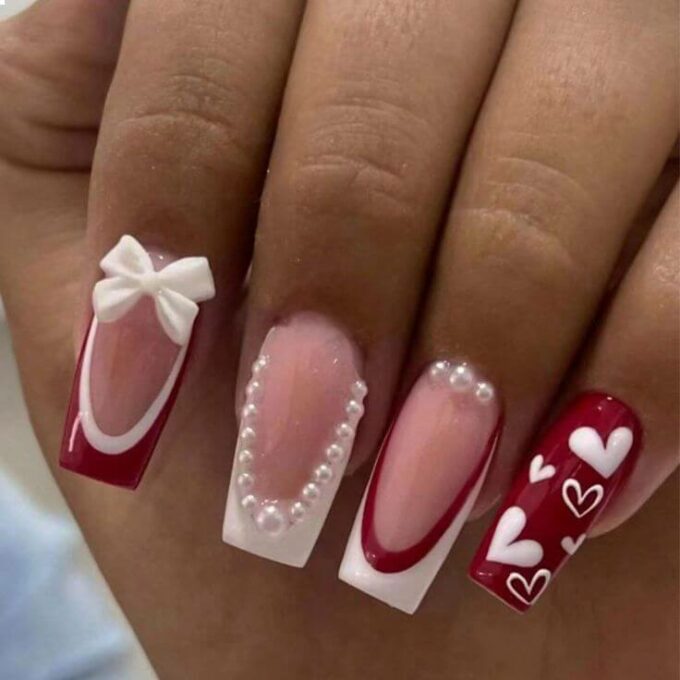 nude with rhinestones and hearts red and white valentine nail designs