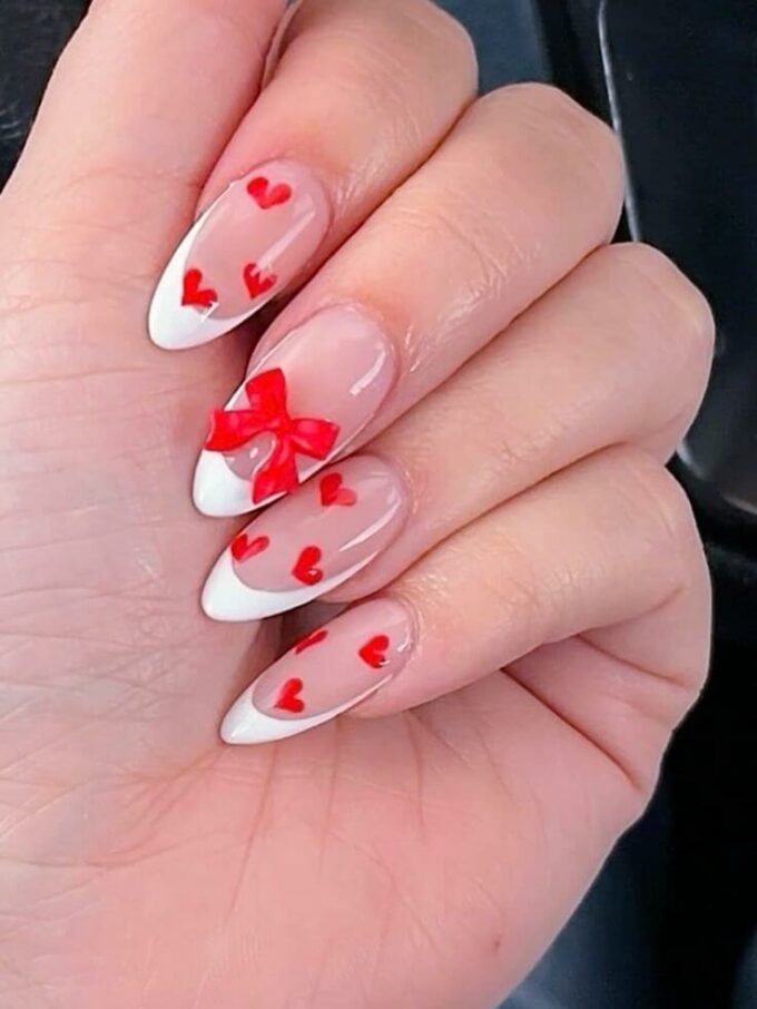 hearts and bow red and white french tips valentine nail designs