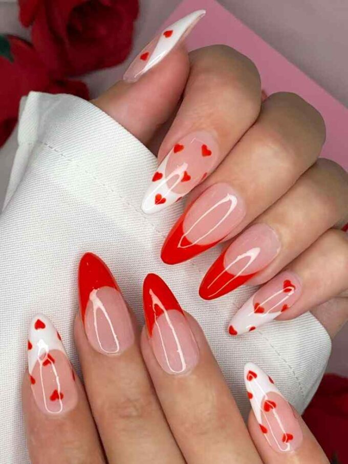 nude with hearts and red and white french tips valentine nails designs