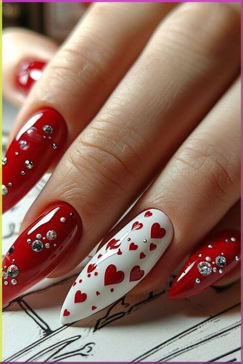 rhinestones and hearts red and white valentine nail designs