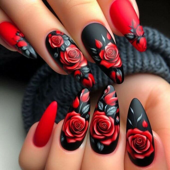 red and black with rose flowers nails designs