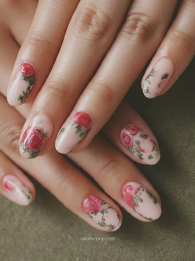 nude with rose flowers nails designs