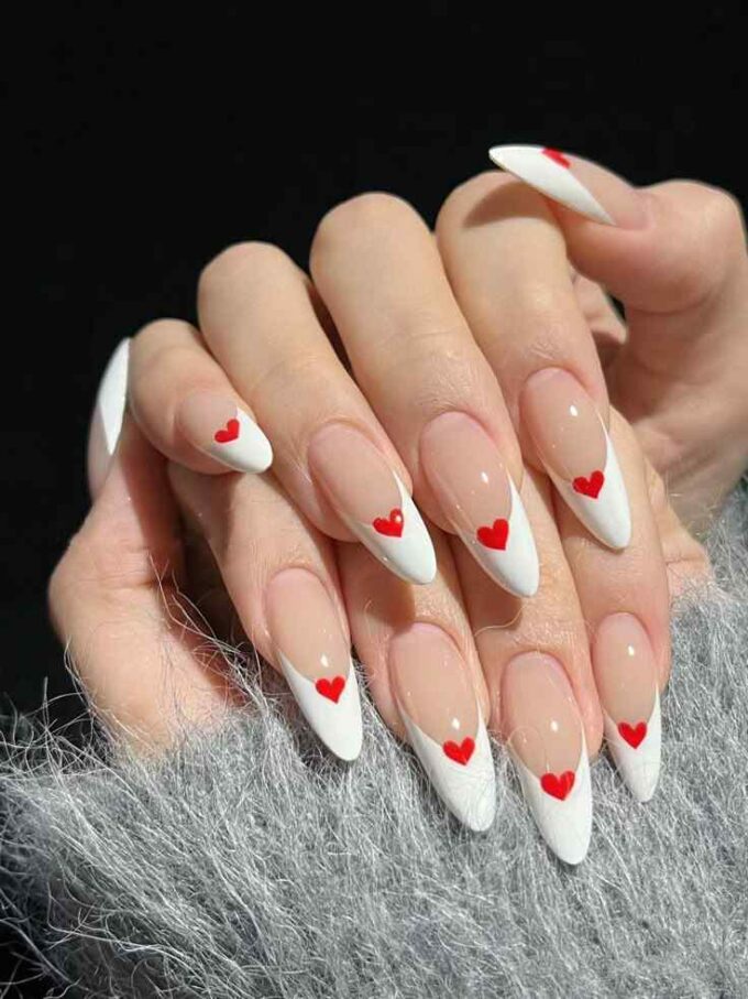 hearts red and white tips valentine nails designs