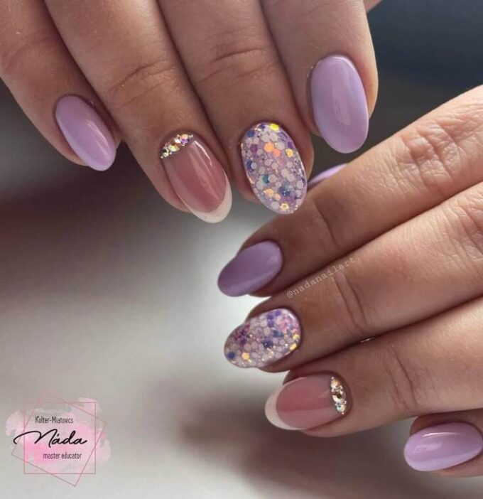 lavender and gold confetti nails designs