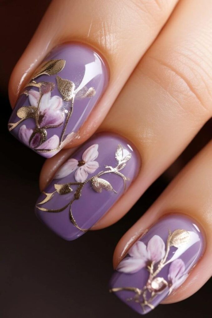 lavender with gold floral nail designs