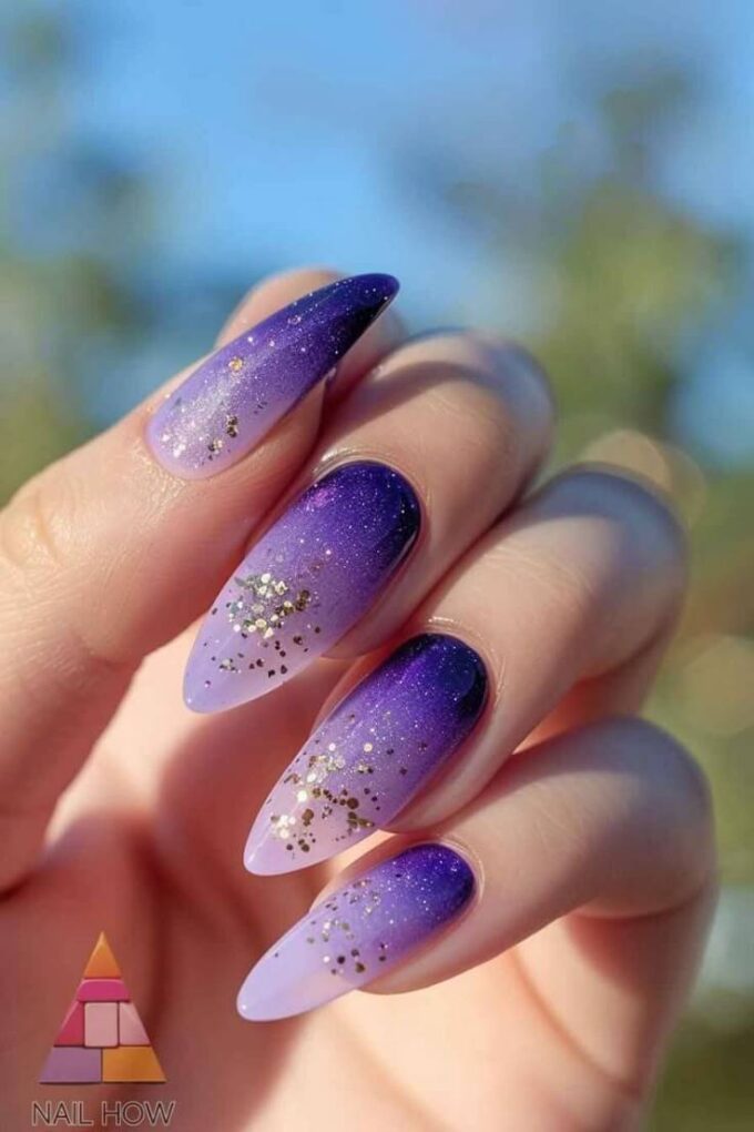 lavender gradient and gold glitter nail art designs