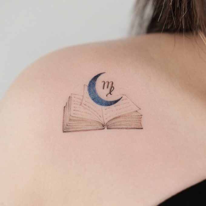 book with moon and virgo sign tattoo design on for females