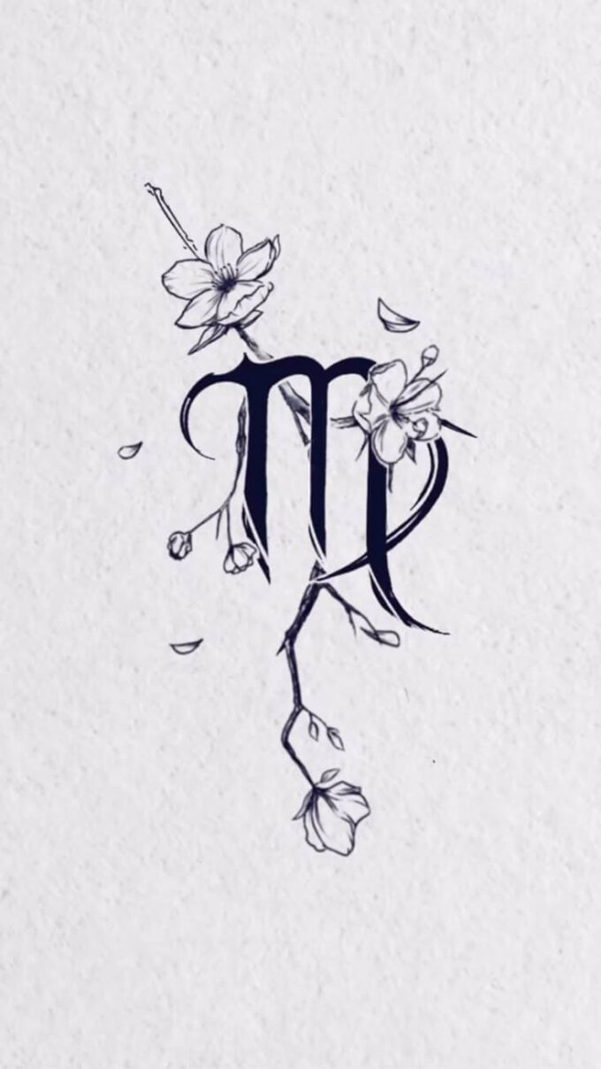 virgo sign with flowers tattoo drawing sketch for females