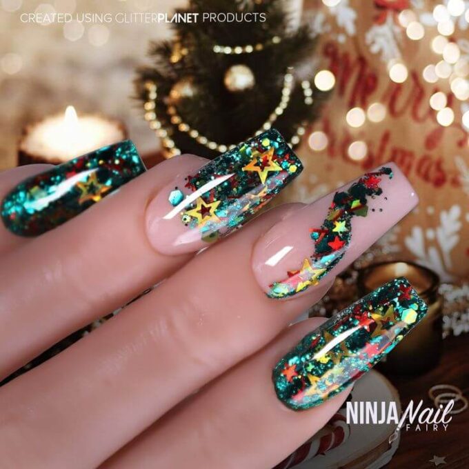green red and gold multi color glitter christmas nails