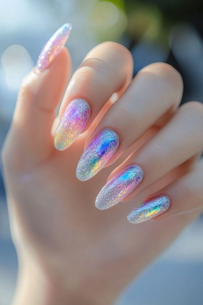 holographic multi color glitter nails