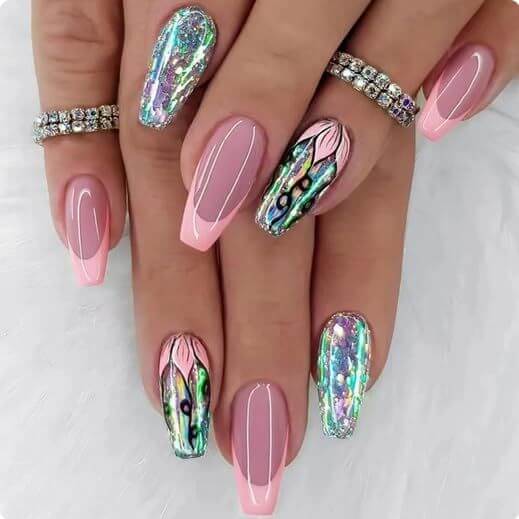 nude with pink floral and multi color glitter nails designs