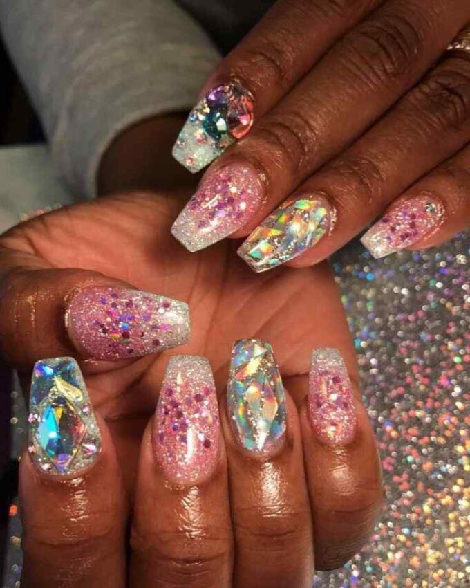 gemstones with multicolor glitter nails