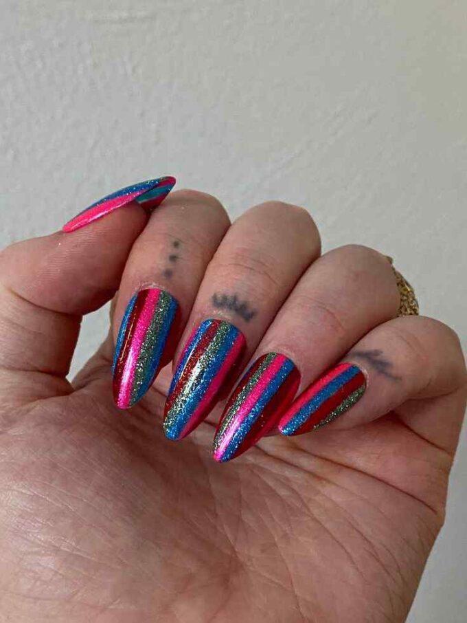striped almond multicolor glitter nails