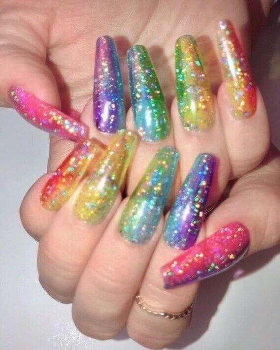 long acrylic coffin multicolor glitter nails